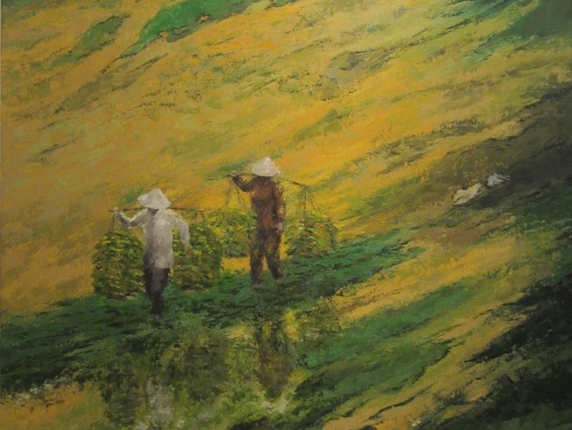 Màu sắc xanh, vàng, những cánh đồng luôn là hình ảnh quen thuộc trong sáng tác của Hoàng Định