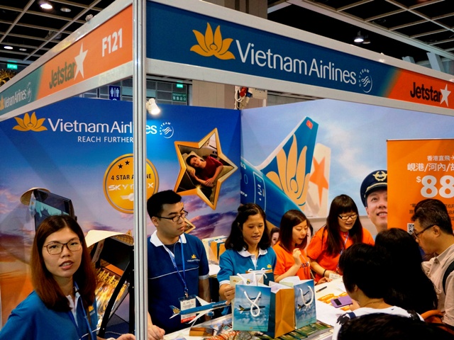 Gian hàng của Vietnam Airlines tại Trung tâm hội nghị và triển lãm Hồng Công 