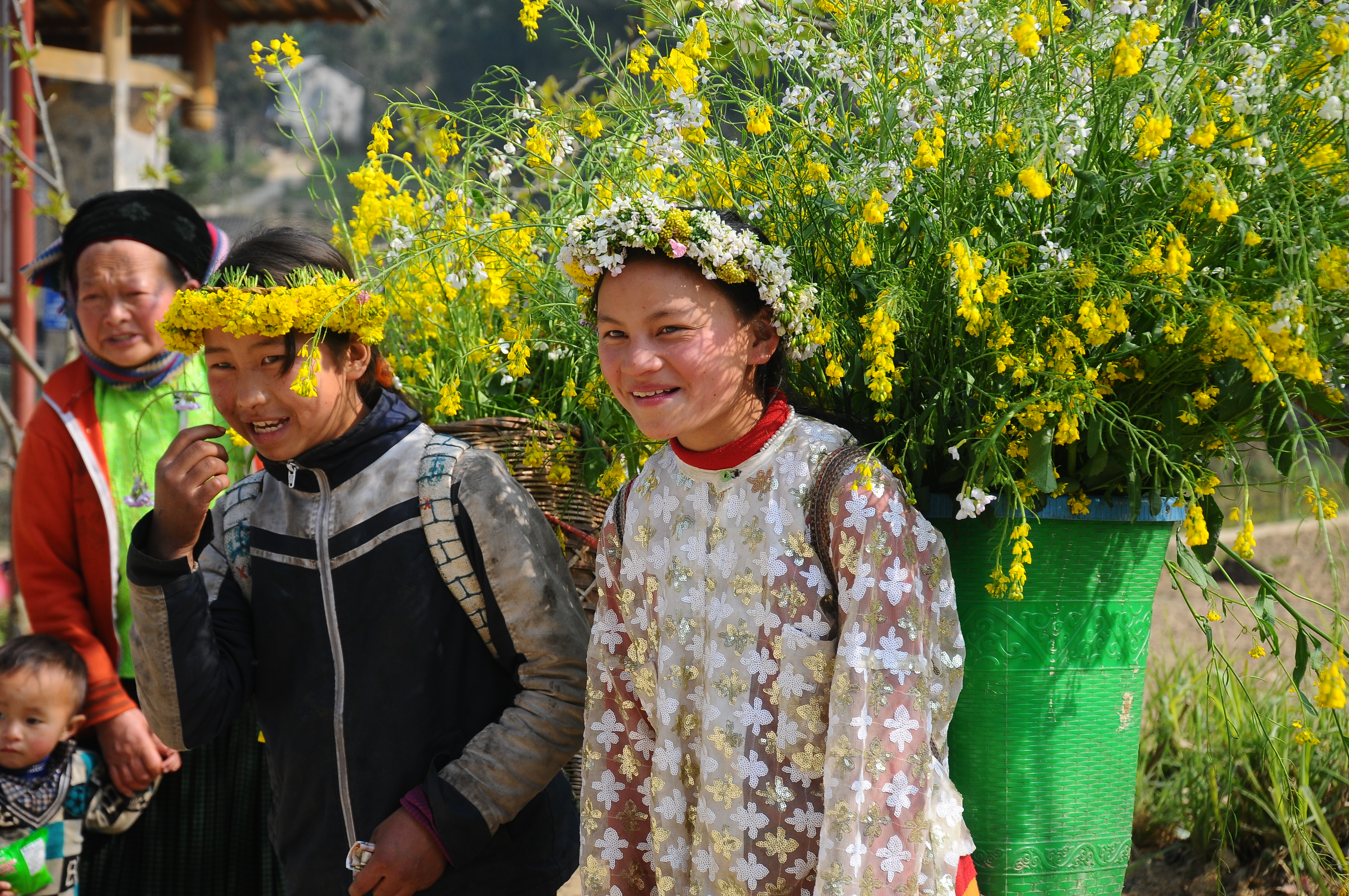 Trẻ em vùng cao hồn nhiên bên chiếc Quẩy tấu đầy các loại hoa