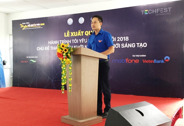 Anh Nguyễn Kim Quy, Phó Chủ tịch T.Ư Hội LHTN Việt Nam phát biểu tại lễ xuất quân.